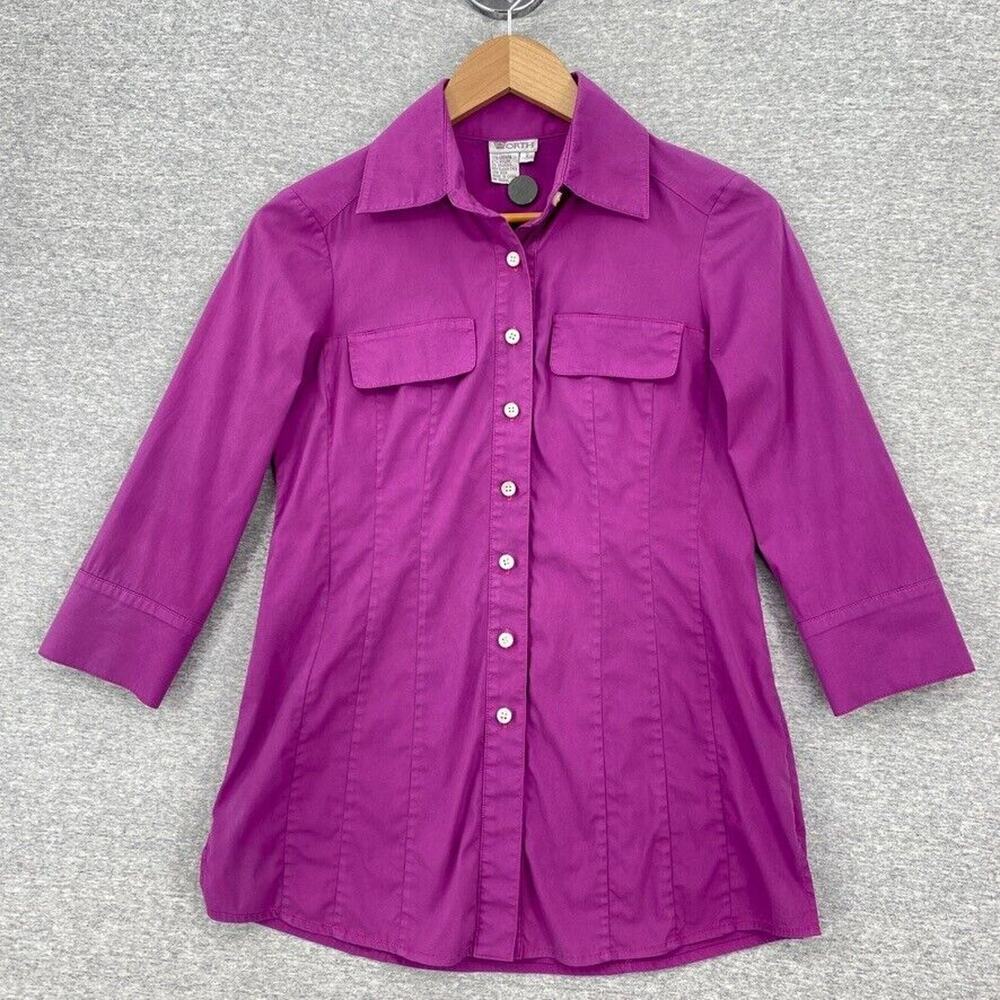 Worth Blouse Womens 2 Purple Button Up 3/4 Sleeve Double Breast Pockets Fitted